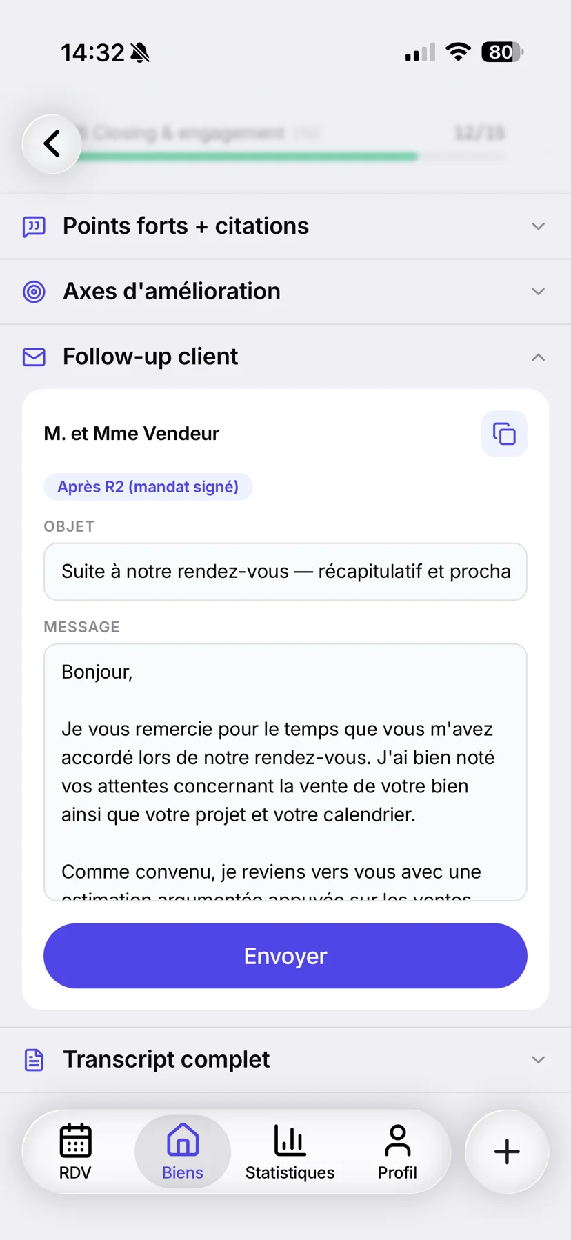 Email de suivi généré par MethodR : compte-rendu du rendez-vous, prêt à envoyer