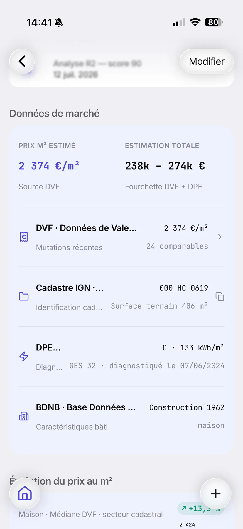 Fiche bien MethodR : prix du marché et estimation automatique