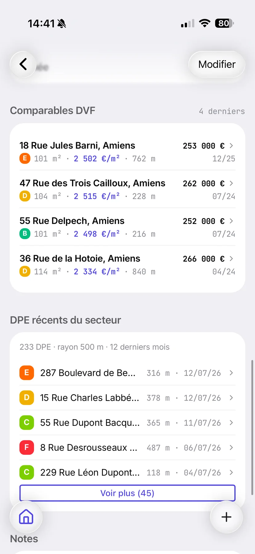Fiche bien MethodR : ventes comparables récentes autour de l’adresse