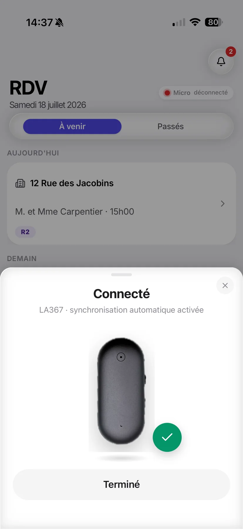 L’app MethodR confirme la connexion du micro — synchronisation automatique activée