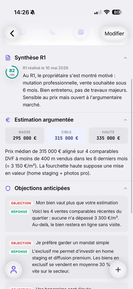 Brief de rendez-vous généré par MethodR : synthèse du R1, estimation argumentée et objections anticipées