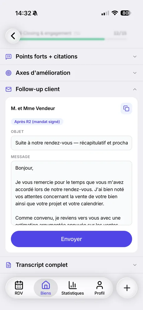 Email de suivi MethodR : le compte-rendu au vendeur, rédigé et prêt à envoyer