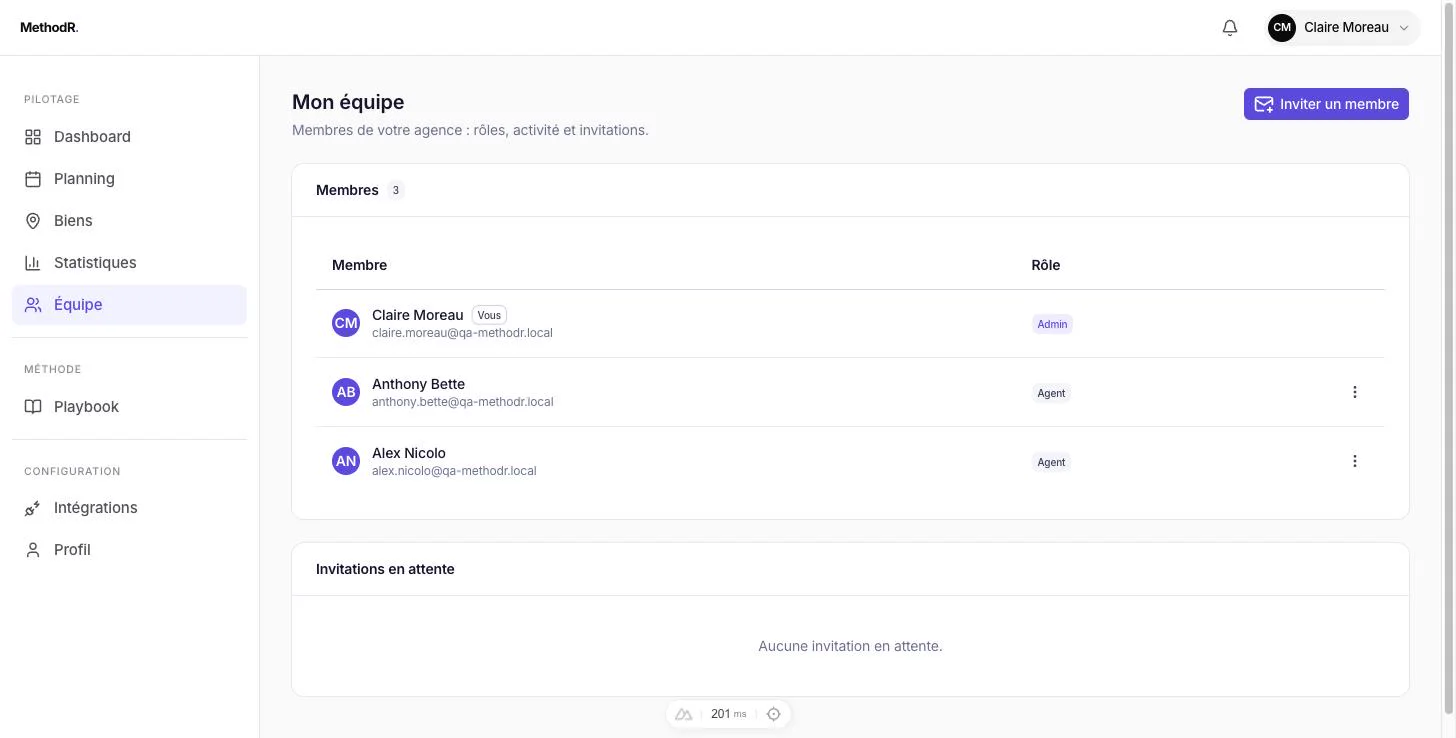 Vue équipe MethodR : la fiche et la progression de chaque agent