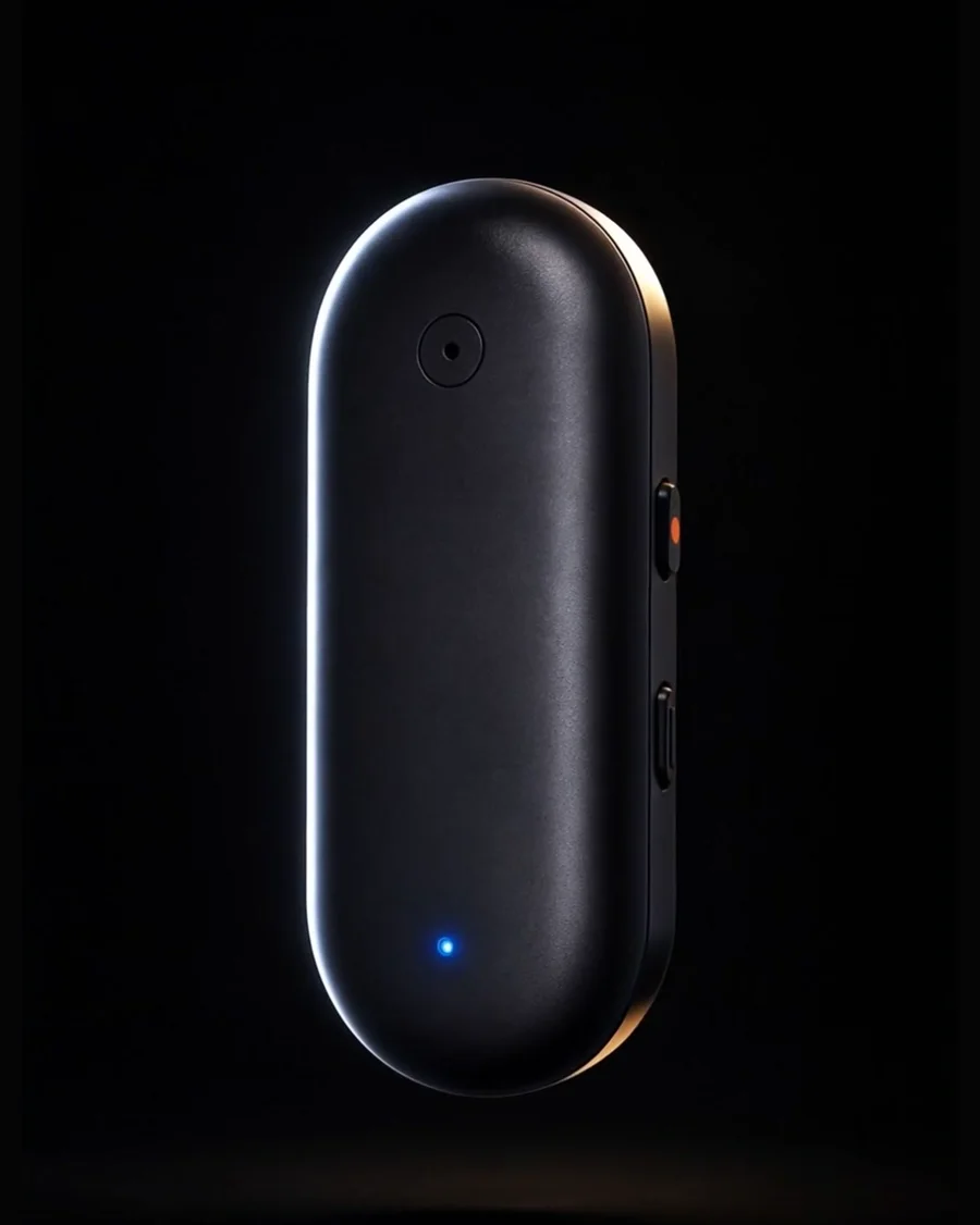 Le micro MethodR de trois quarts : le switch d’enregistrement orange sur la tranche, LED témoin allumée
